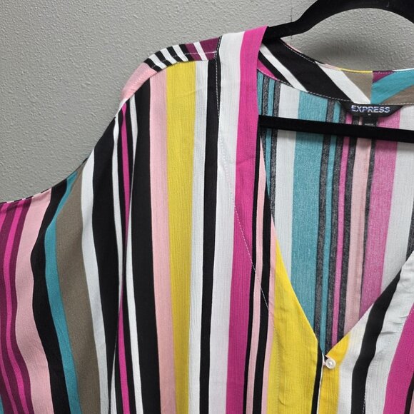 Express Shirt Womens Medium Multicolor Stripe Button Front Tie Front Dolman - Picture 2 of 6